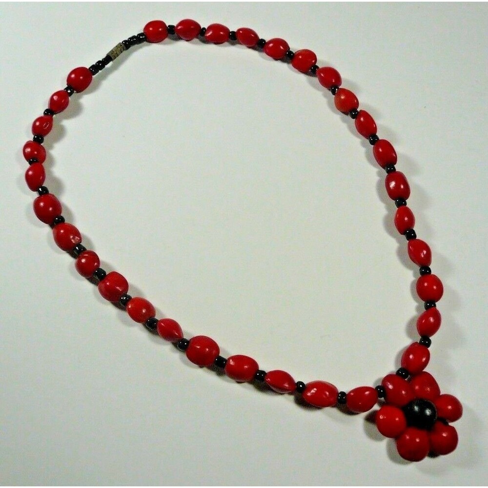 Vintage Hand Strung Red Chocho Seed & Black Onyx Bead Necklace Andes Mountains
